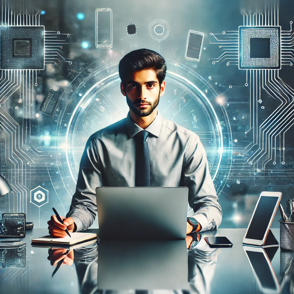 (title)% DALL·E 2025 01 04 11.56.54 A professional looking technical themed image featuring a young man named Rahul working on a laptop surrounded by tech gadgets like smartphones tabl